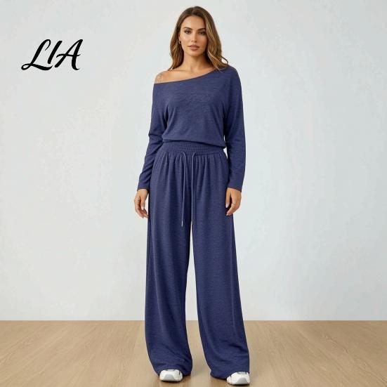Solid Color Matching Sets Women Sweatshirt Pants 2-Piece Set, Off Shoulder Long Sleeve Top & Lounge Set Wide Leg Trousers, for Spring Autumn Two