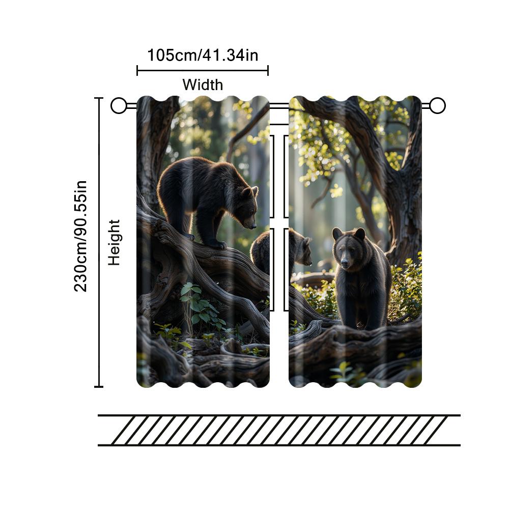 2 Pcs, Filtering Curtains (excluding Rods, Non-movable, Without Batteries) Bears Play In Forest for Use In Bedrooms and Living