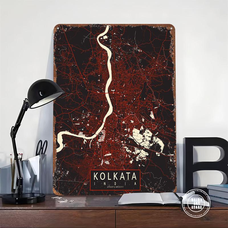 Kolkata City Map India Vector Poster Customized Wall Art Vintage Metal Signs Retro Tin Plaque for Man Cave Mancave Decoration