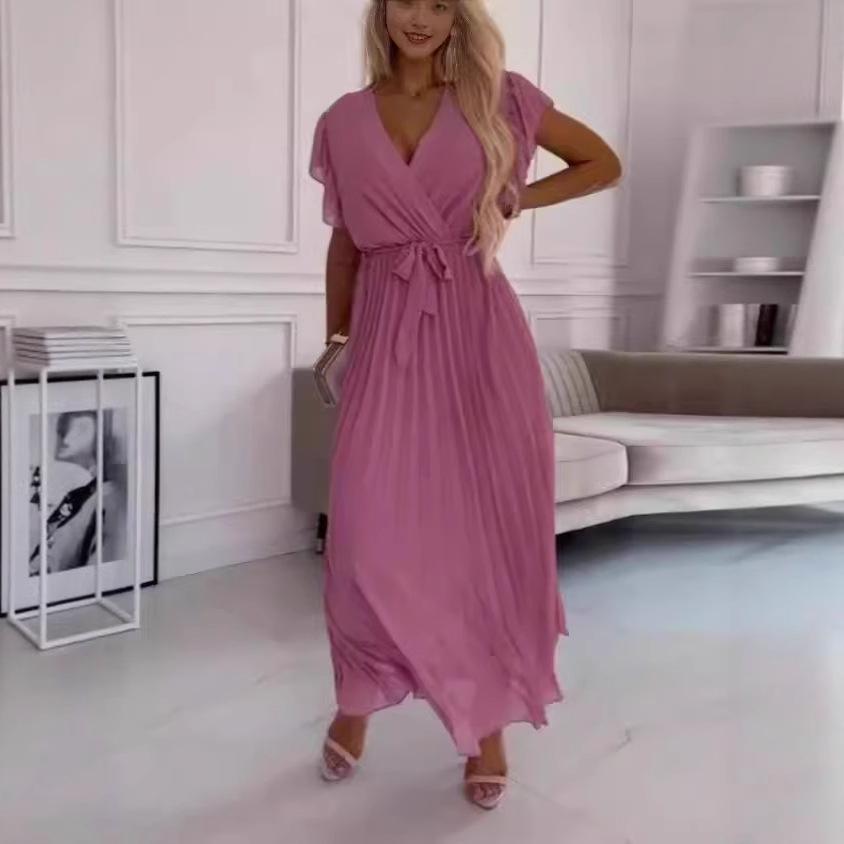 European & American Chic Beach Long Dress: Slimming Sexy Ruffle Sleeve Chiffon Pleated Skirt