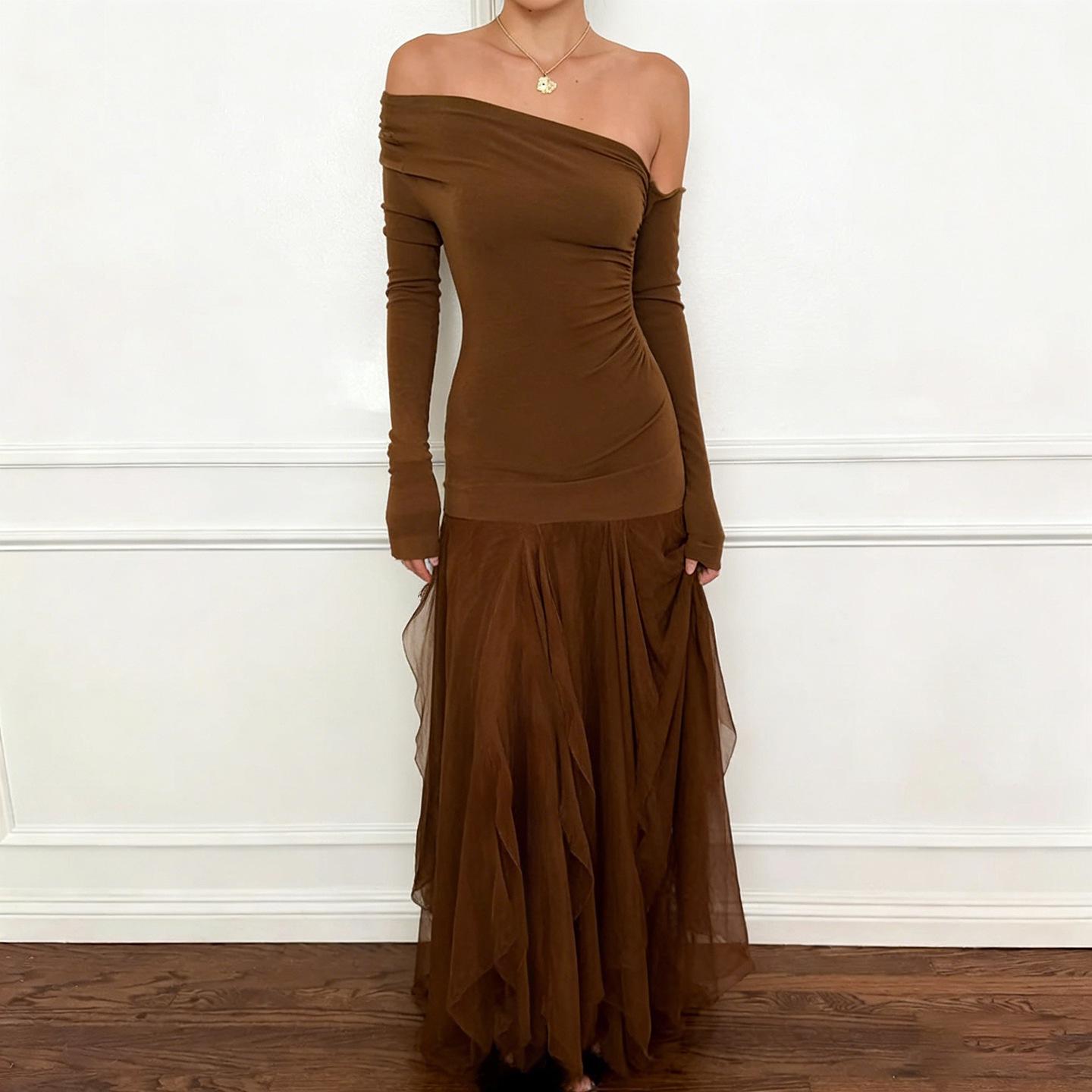 Retro One-Shoulder Mesh Patchwork Maxi Dress - Elegant Solid Color Slim Fit Small коричневый