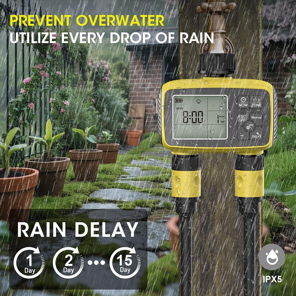 Large Screen Display Garden Irrigation Timer 2 Outlets Smart Water Timer Irrigation Control System Timed Water Value IPX5