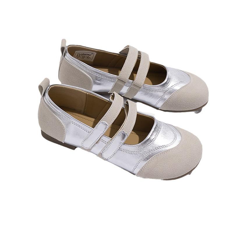 Globale silberne Mary Jane Damenschuhe 2025 neuer Frühling Französisch hässlich Klettverschluss flacher Mund Board Schuhe ZHQ7178