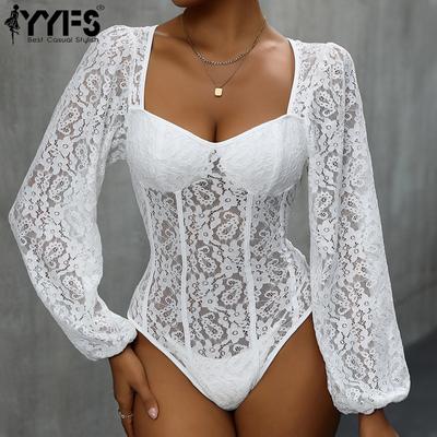 Body a maniche lunghe con scollo a V, casual, tinta unita, stampa, primavera-autunno, da donna