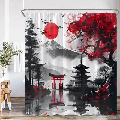 Samuraj Gejša Japonský Styl Tušová Malba Sprchový Závěs Japonsko Svatyně Červené Slunce Hora Řeka Růžový Květ Třešně Koupelnový Závěs