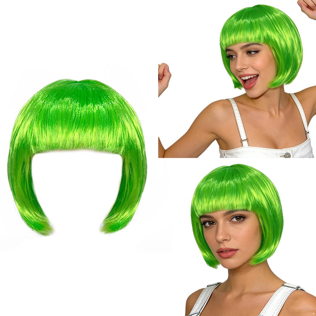 Short Straight Bob Hairpiece for Women Blunt Cut Bangs Cosplay Wig Halloween Themed Party Daily Use