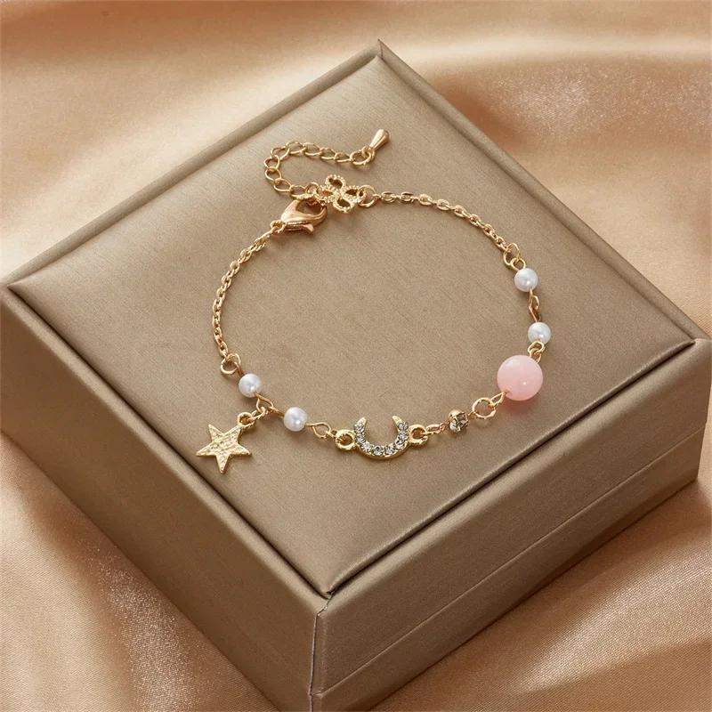 Star Moon Gold Color Bracelet for Women Girls Zircon Pearl Beaded Chain Geometric Elegant Fashion Jewelry Lucky Birthday Valentine Gift розовый