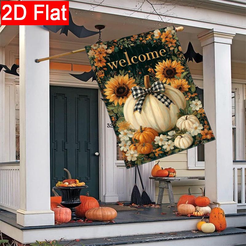 2D Flat - 2D Flat Autumn Pumpkin Welcome Autumn Thanksgiving Harvest Buffalo Grid Garden Flag_3 (1)- Outdoor Garden Flag Double-Sided Home Decoration