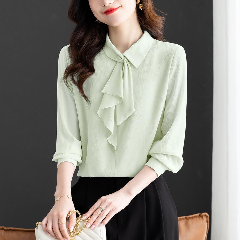 Spring 2025 French Chiffon Ribbon Shirt - Age-Reducing Long Sleeve Top for Women