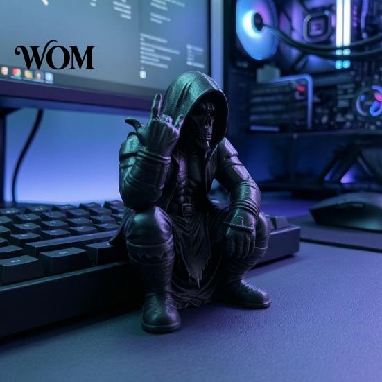 Unique Desktop Sculpture Crouching Hooded Devil God Figurine, Decorative Ornament with Skull Mask & Muscle Lines, Hip Figure Hop Gothic Rocker Statue