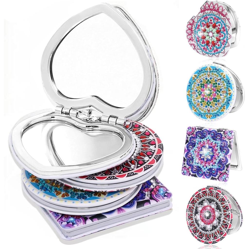 4PCS Diamond Painting Compact Mirror Women Girls, DIY Mandala Diamond Art Folding Travel Makeup Mirrors, Double-Sided Magnifying Cosmetic Mirror