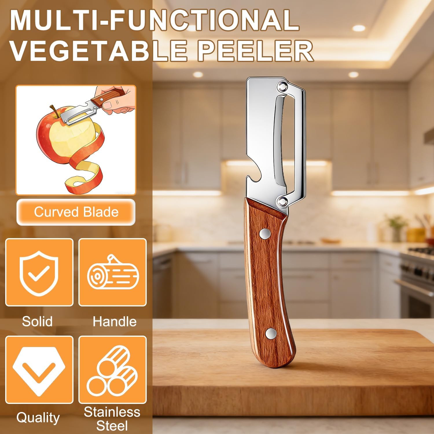 

Vegetable Peeler for Kitchen, With Wooden Handle and Bottle Opener, Comfortable and non-slip handle Stainless United States