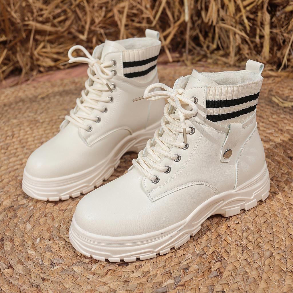 Warm Short Plush Thick Bottom Ankle Boots Women  Winter Punk Rivet Pu Leather Black Motorcycle Boots Lace Up Short Booties