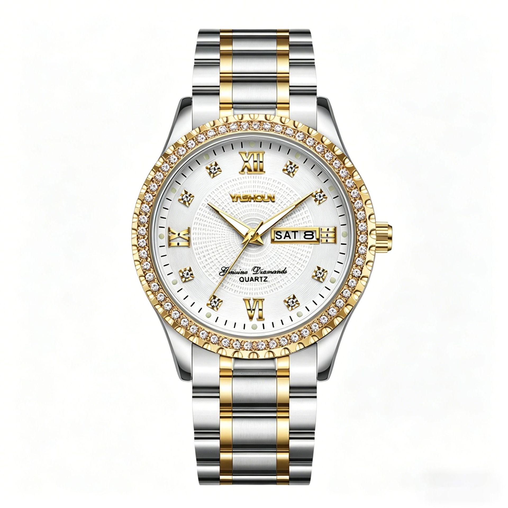 YASHIDUN Men s Quartz Rhinestone Watch with Roman Numerals, Dual Calendar, Steel Band, and Waterproof Design.