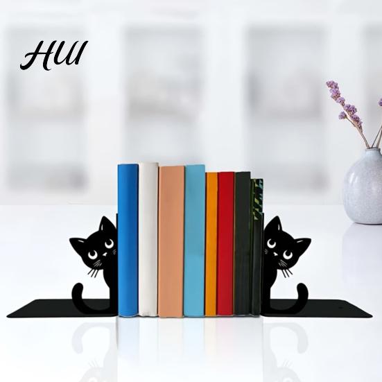Rounded Corner Bookend 2Pcs Black Cat Bookends for Shelves, Cute Metal Book Holder Kids Room Desk, Heavy Duty Non-Slip Stopper Home Office Decor