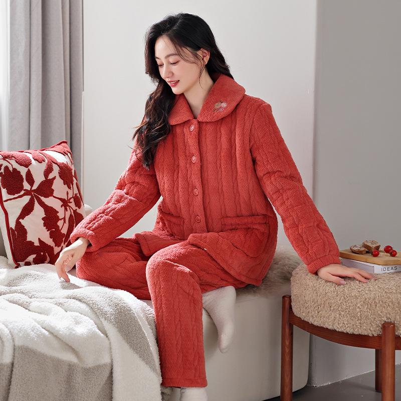 Winter Pajamas Women'S Thickened Fleece Coral Fleece Three-Layer Padded Cotton To Keep Warm, Winter Padded Jacket Set Flannel Loungewear