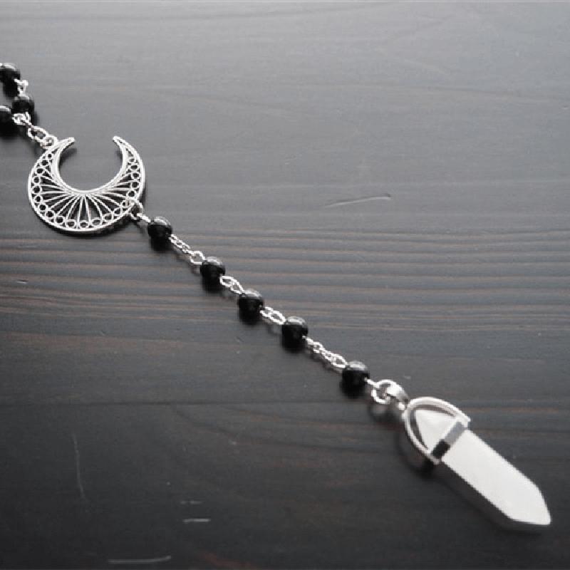 Hexagonal Long Strip Pendant Vintage Hollow Moon Necklace Black Rosary Neck Chain Accessories