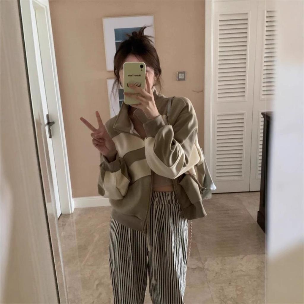 Women's Retro Colorblock Stand-Up Collar Sweatshirt Jacket, Spring/Autumn 2025, Casual Loose Baseball Cardigan.