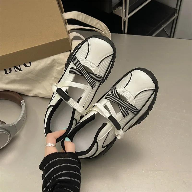 Ballet Style Summer Thick Heel Casual Sports Deqin Shoes Women's Open Toe Breathable Mary Jane Striped Pattern Synthetic Leather