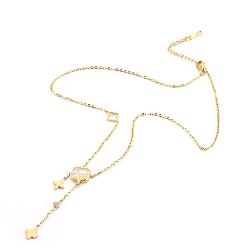 Elegant Gold Titanium Steel Women's Necklace with White Shell, Zircon, and Monogram Tassel