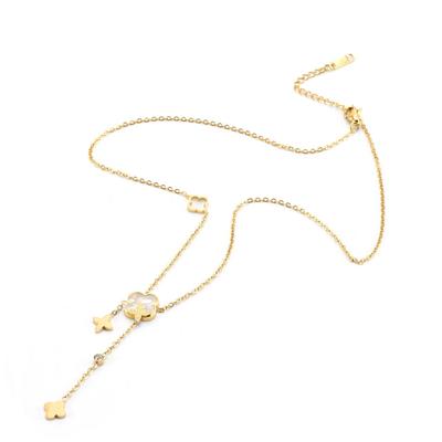 Elegant Gold Titanium Steel Women's Necklace with White Shell, Zircon, and Monogram Tassel
