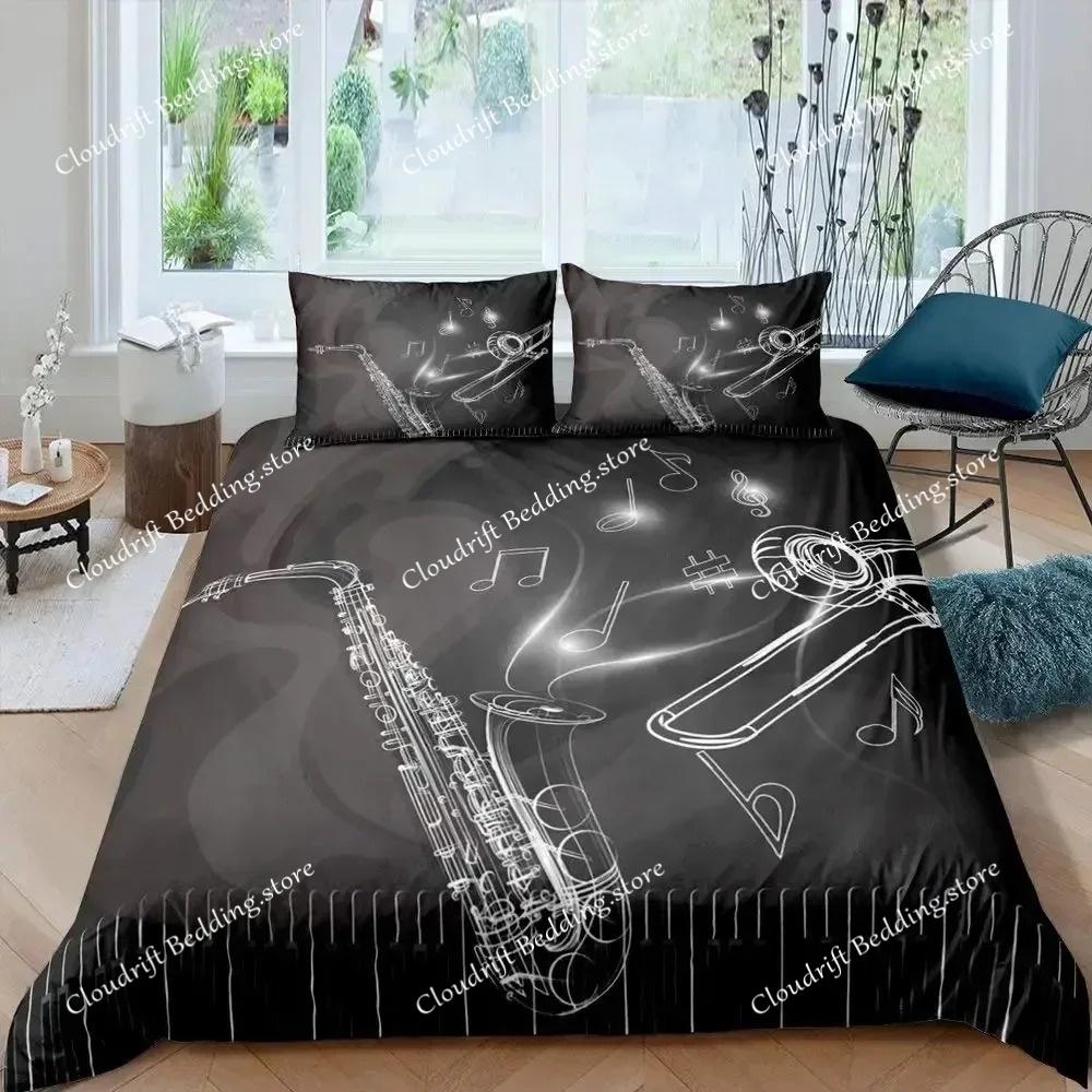 Saxophone Duvet Cover Set Rotating Musical Notes Bedding Set Musical Instrument Retro Jazz Music Twin 3D Quilt Cover for Kids
