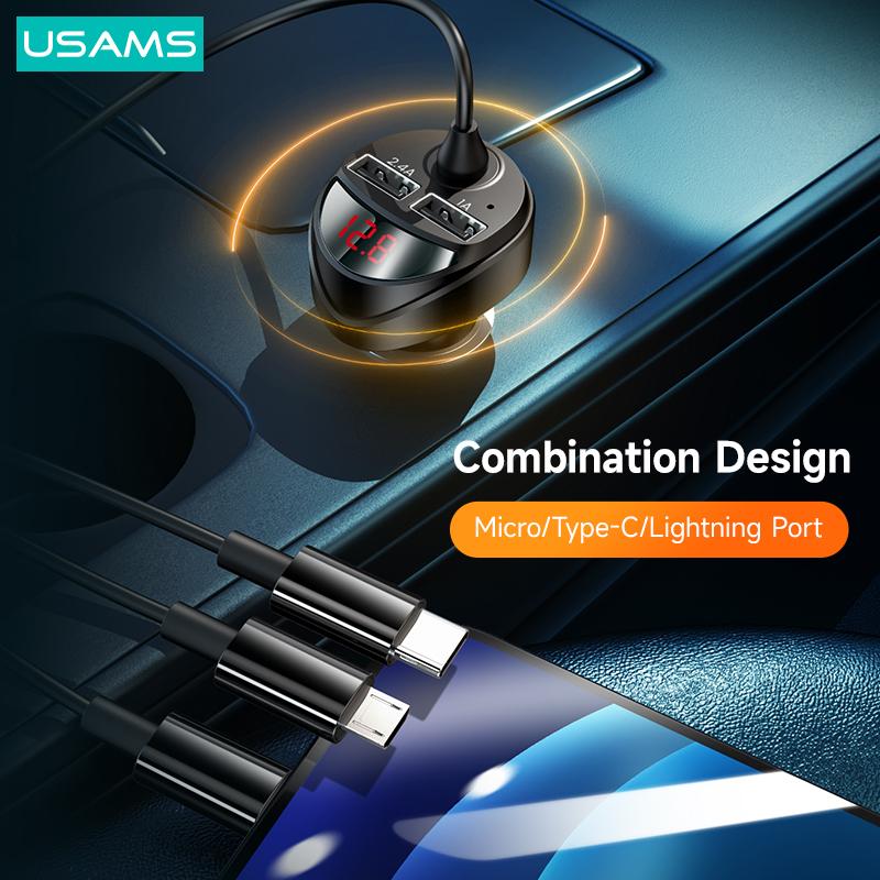 USAMS 3.4A LED Digital Display Car Charger With 3 In 1 Cable Dual USB Phone Charger For iPhone iPad Xiaomi Huawei Samsung Tablet