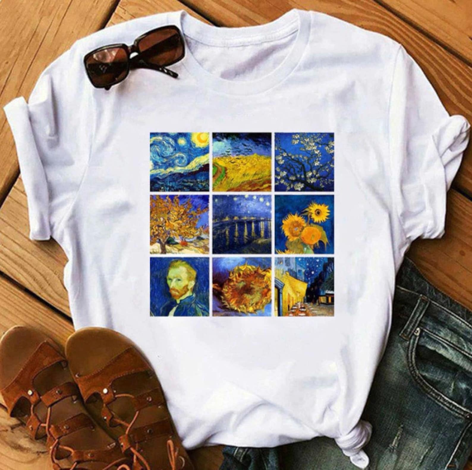 Van Gogh Collage T-shirt: Starry Night, Sunflowers, Self Portrait XL