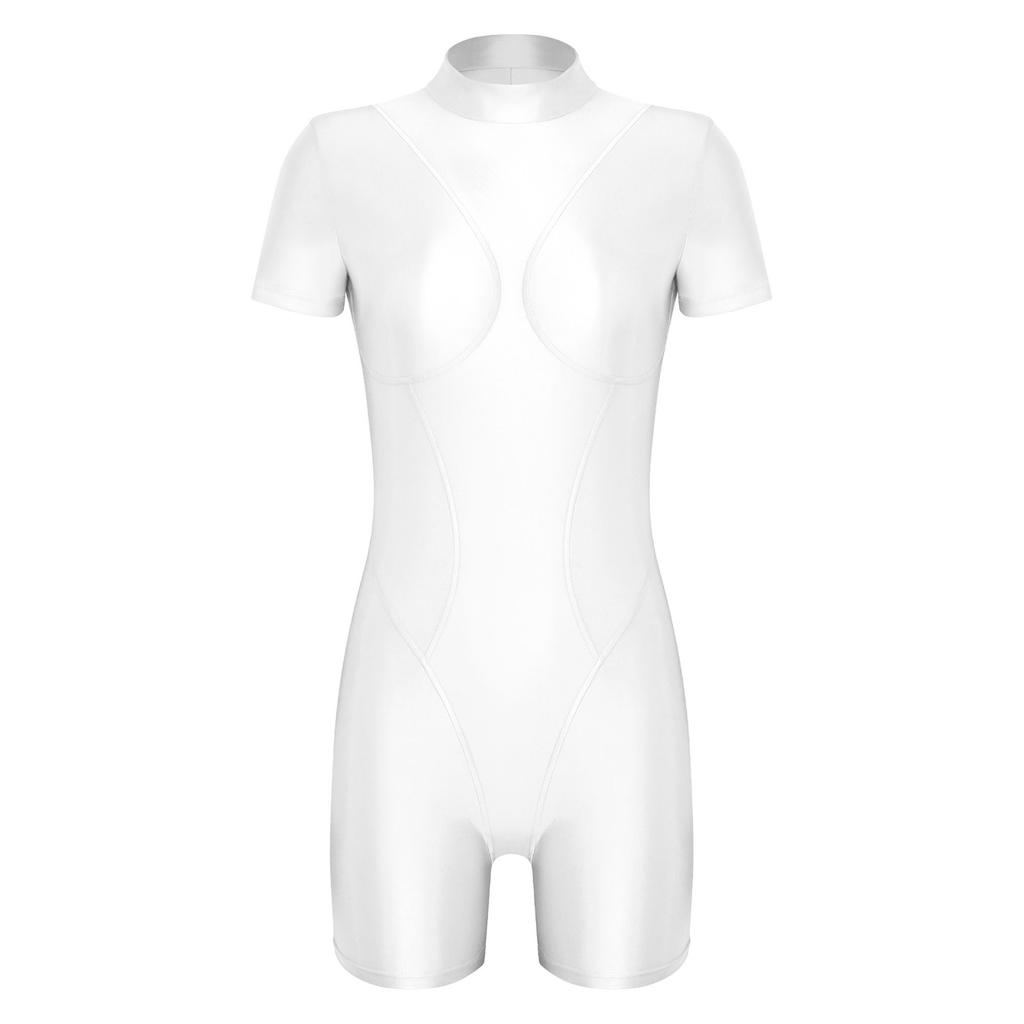 Costume da bagno da donna lucido e oleoso, collo alto, manica corta, schiena scoperta, vestibilità aderente, intero, costume da surf