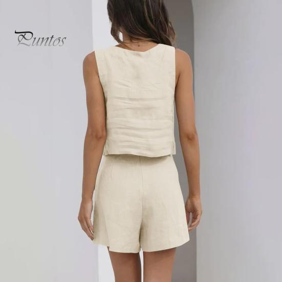 2 Pcs/Set Women Tank Top Shorts Set Square Neck Sleeveless Loose Top High Waist A-line Trousers Casual Daily Wear Vest Pants Set