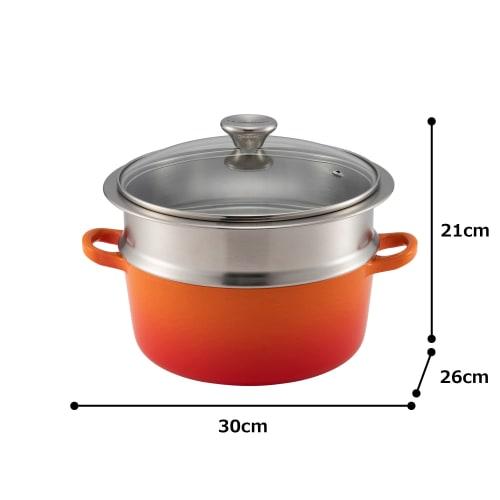 [.co.jp Exclusive] Le Creuset 3-Piece Set: Orange Cocotte Ronde Pot, 22cm, Glass Lid, and Steamer