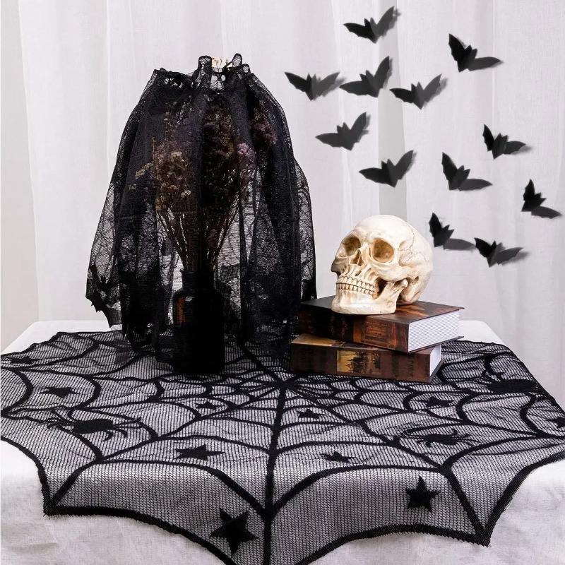 Halloween Black Lace Tablecloth BatCobweb MantelpieceCloth Family Table Cover Festive Household Items Halloween Party Decoration