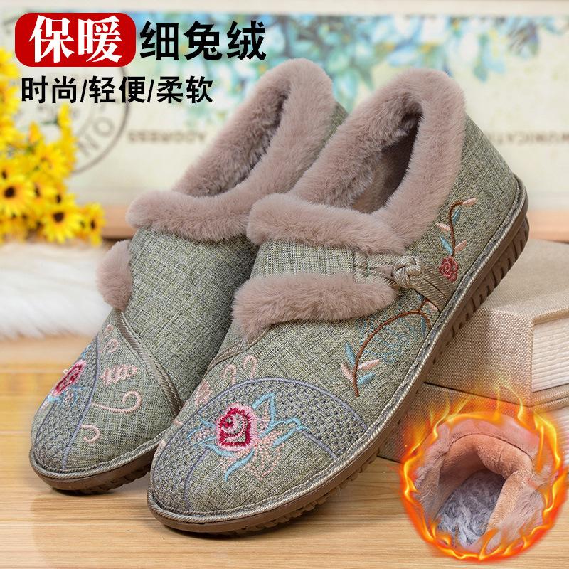 Winter alte Pekinger Baumwollschuhe Damen Ethno-Stil Hanfu bestickte Mutter-Schuhe Samt verdickt Ein-Pedal Senioren-Schuhe Anpassung