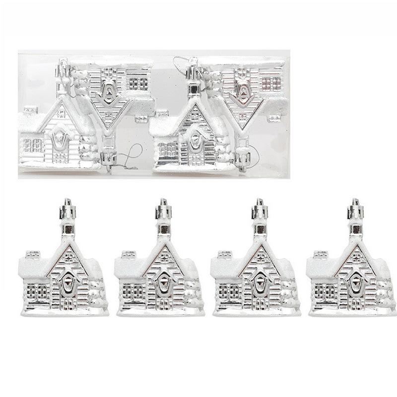 Christmas Supplies Red Gold Snow House Shape Christmas Tree Pendant Home 2025 New Year Decoration Xmas Tree Decors 4PCs/Set