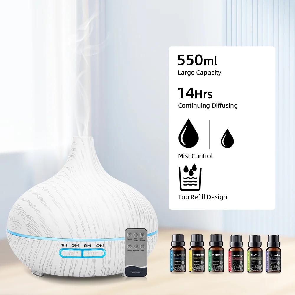 550ml Wood Grain Essential Oil Diffuser & Air Humidifier - Ultrasonic Aroma Diffuser with Remote, 6 Oils, Auto Shut Off, Quiet A