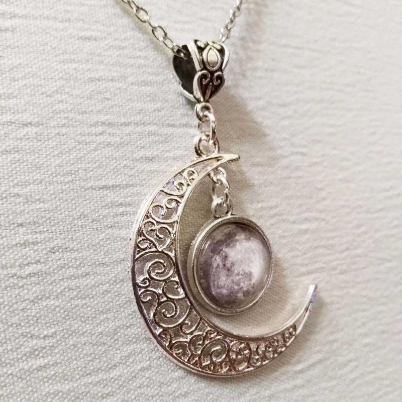 Crescent Cross Necklace & Full Moon Crystal Pendant - Handmade Jewelry