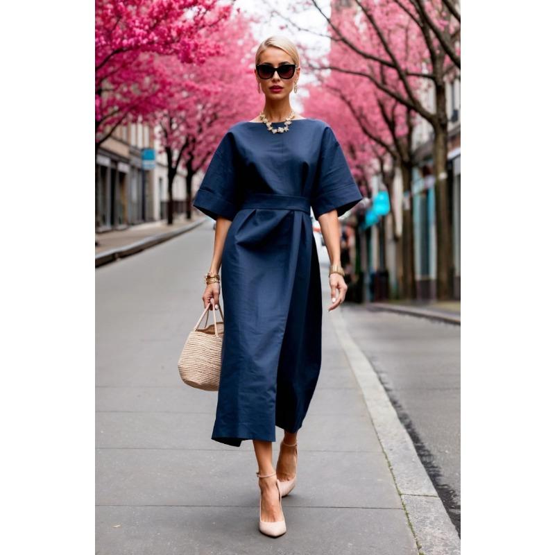 

New, summer fashion crew neck solid color lace-up dress women s clothing XXL