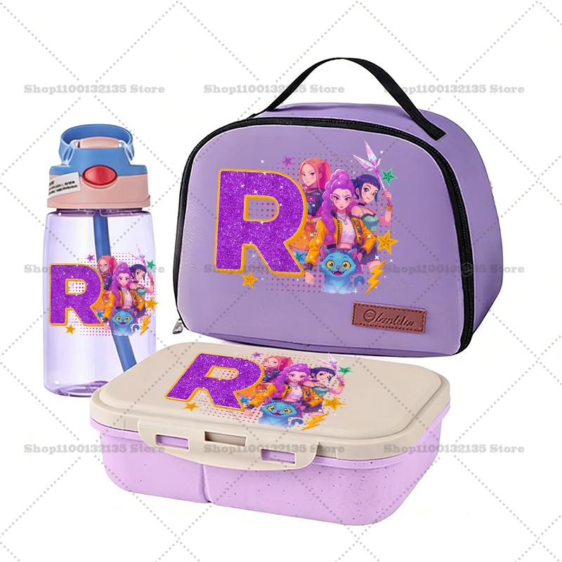 Kpop Dämonenjäger Bento-Box+Lunchtasche+Wasserflasche 3er-Set RUMI ZOEY Cartoon Schüler Schulsachen Lebensmittelbehälter Trinkgeschirr