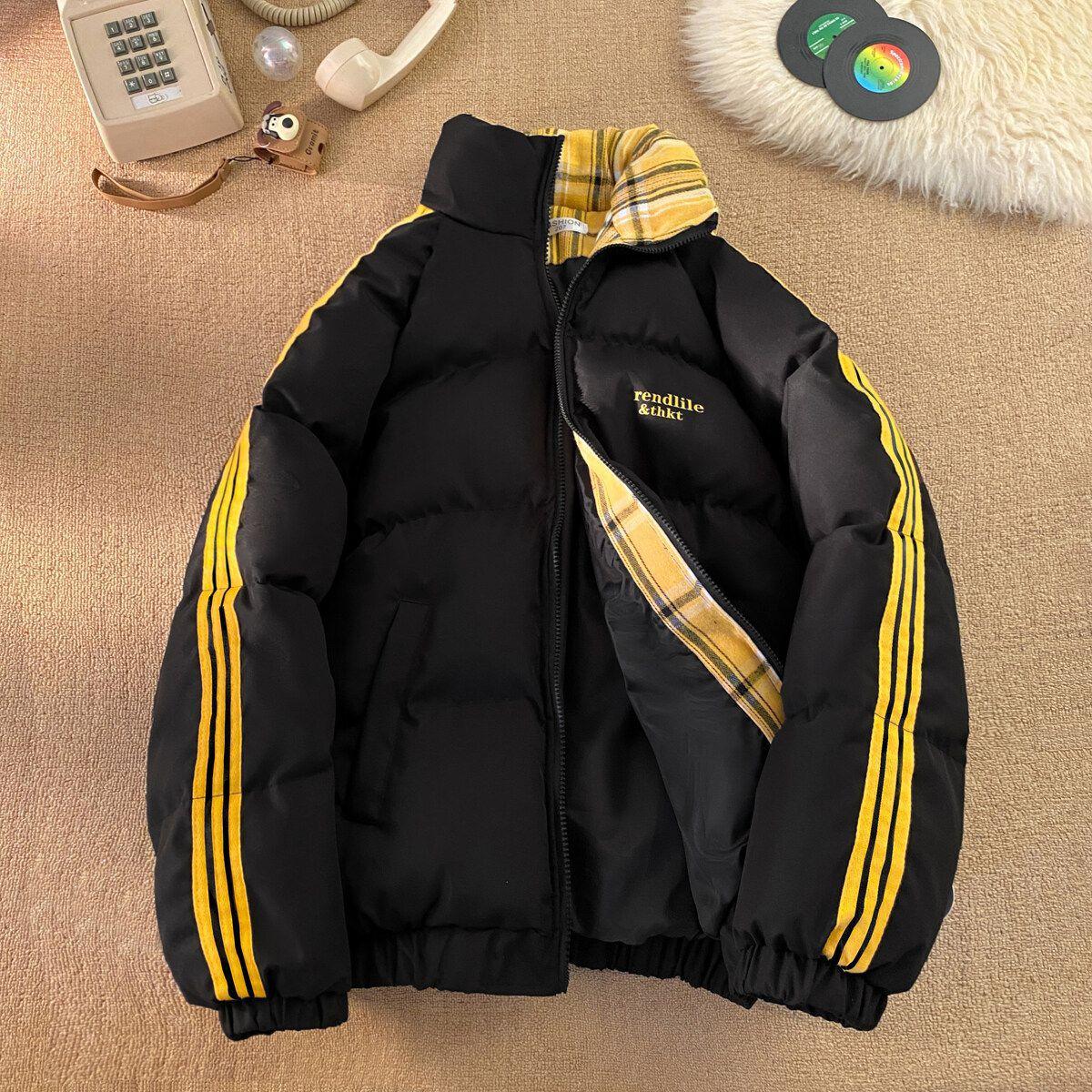

Men s Trendy American Style Striped Patchwork Cotton Puffer Jacket - Winter 2025 Warm and Thickened Outerwear 3XL (170-200kg) чорний
