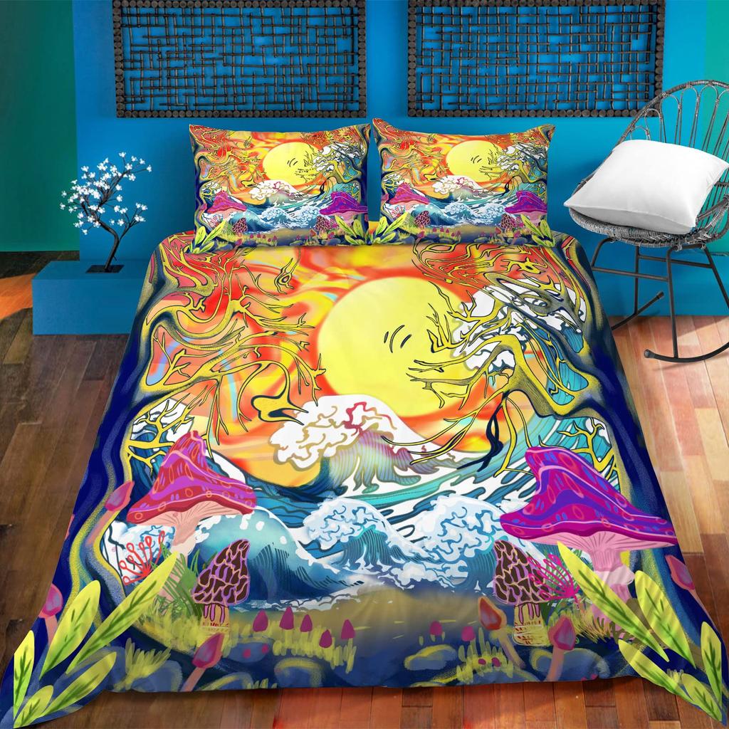 Mushroom Duvet Cover Colorful Gold Pattern Cartoon Plant Beddings for Teen Boys Girls Kids,Queen/King Microfiber Comforter Cover