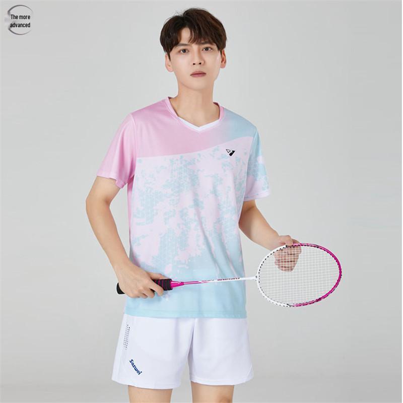 2023 Unisex Quick-Dry V-Neck Sports Set: Short-Sleeved Top and Pants for Badminton, Volleyball, and Table Tennis.