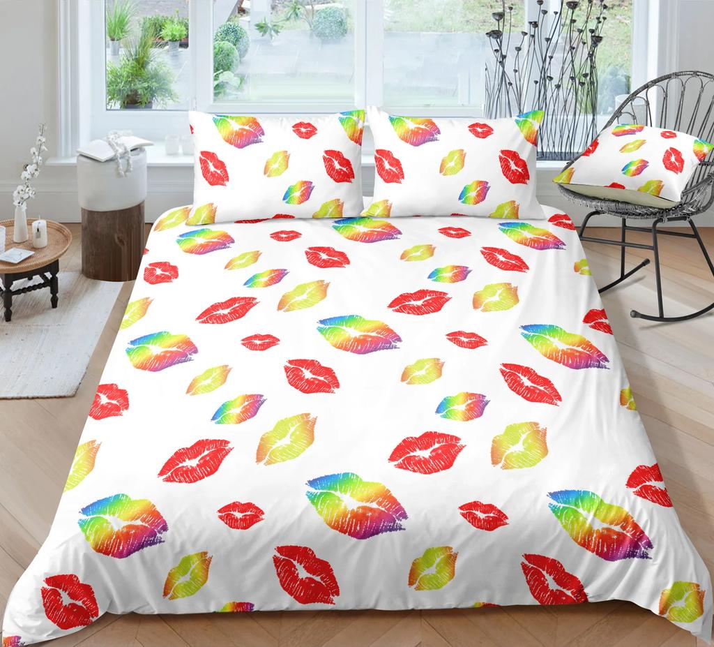 Reactive Printing Sexy Red Lips Duvet Cover Sets Cotton Pure White Background Bedding Set Single Double Bed Set Cover DropShip D