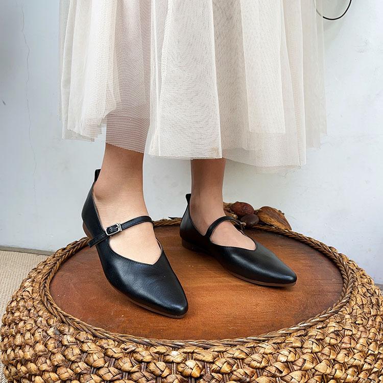 Johnature Vår Høst Retro Spenne Stropp Grunn Myk Uformell spiss Loafers Kvinner Ekte Skinn Flats Sko