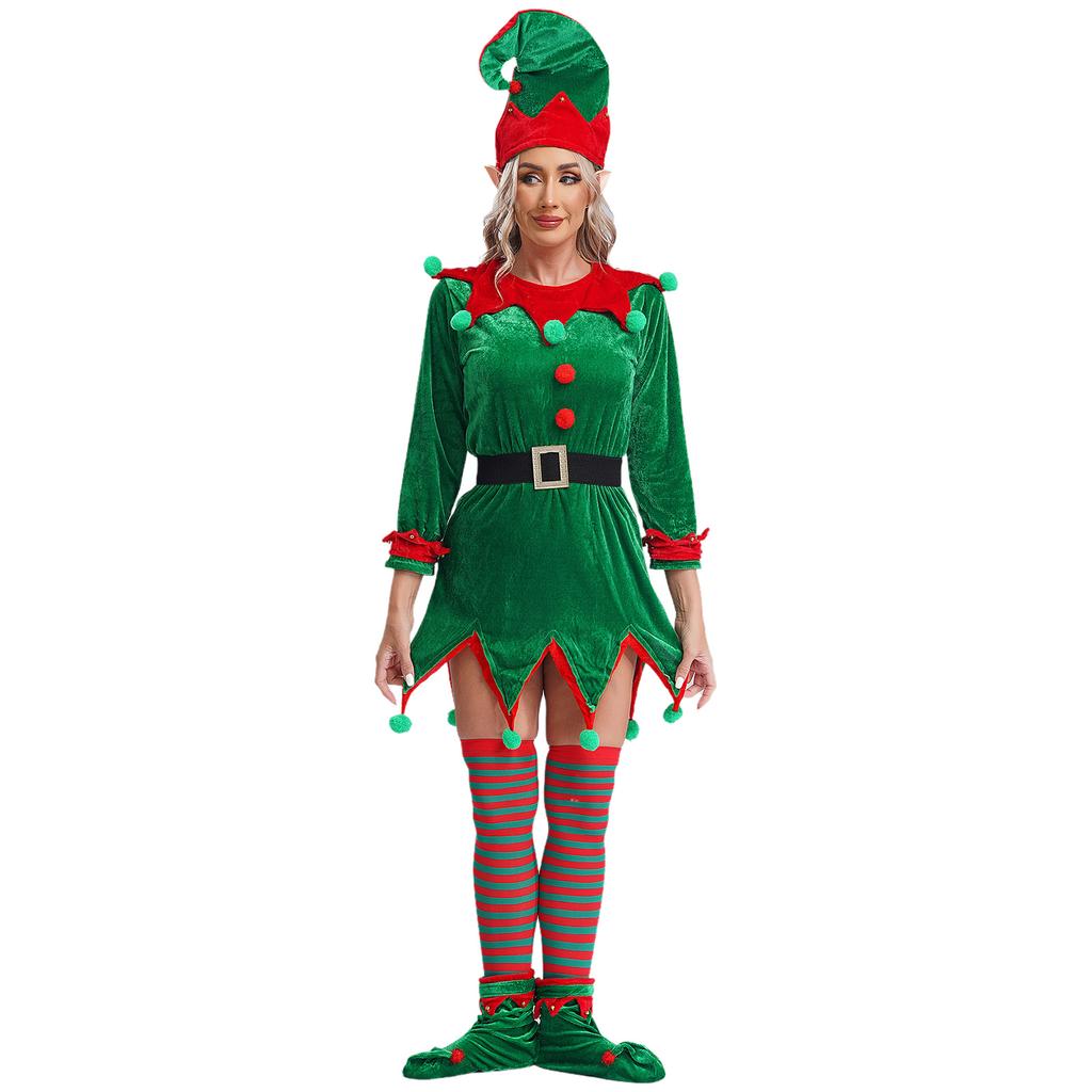 Unisex Elf Cosplay Set 6ks Příslušenství Elfí uši Zvonky Pompony Klobouk Pás Boty Punčochy Vánoční kostým
