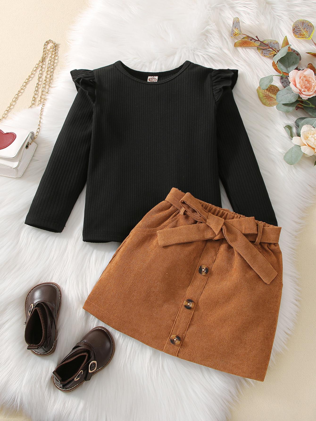 

Black Ribbed Round Neck Long Sleeve Top + Girls Fashion Yellow Brown Half Skirt Set 80 чёрный