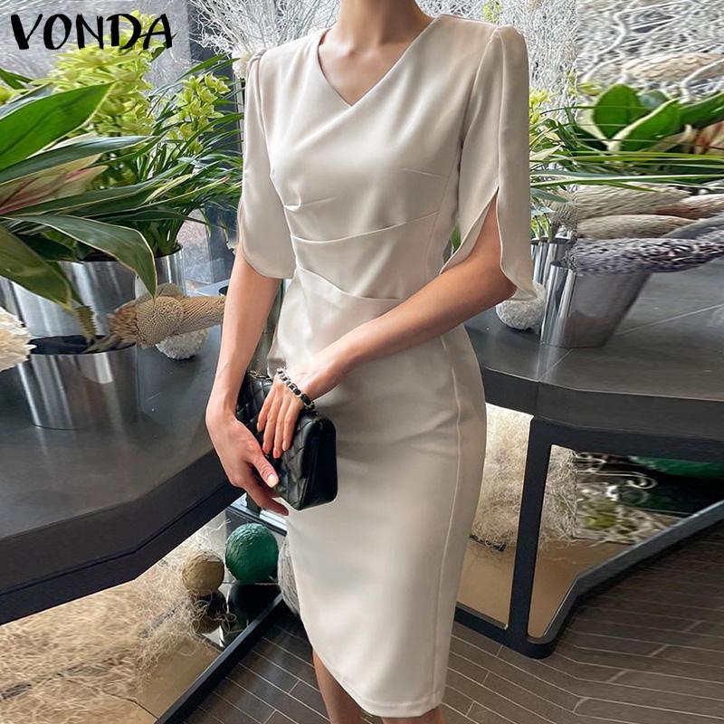 

VONDA Элегантное женское платье миди с v-образным вырезом и коротким рукавом