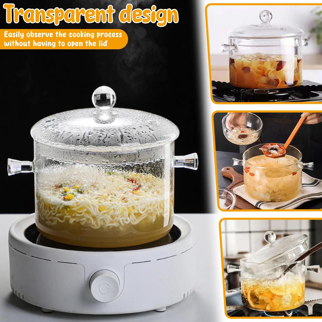 Clear Cooking Pot with Lid and Brush 1500ml Glass Simmer Pot Borosilicate Glass Clear Cookware Nonstick for Pasta Noodle Soup