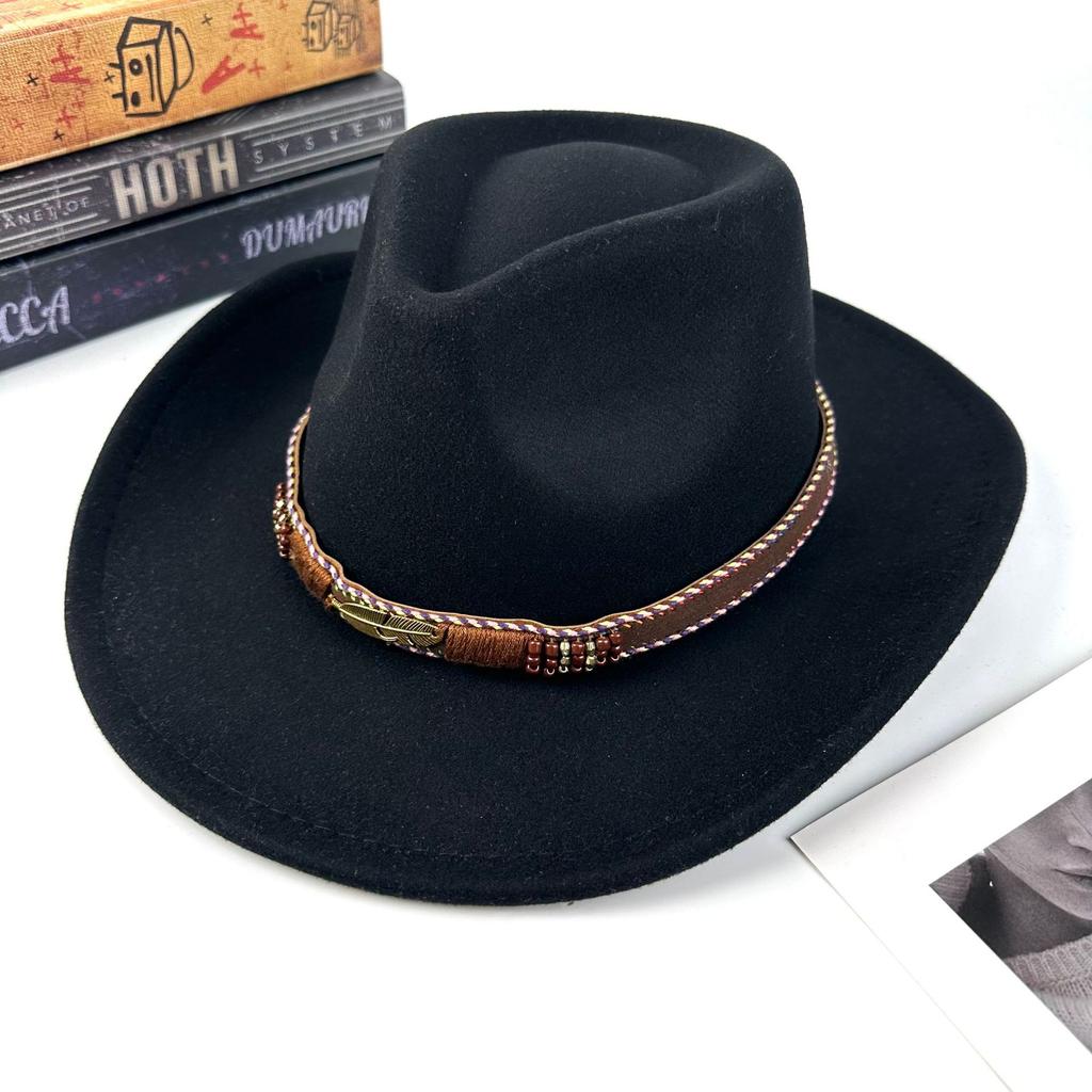 Tibetan top hat retro ethnic style metal feather western cowboy hat men's jazz hat women's felt hat