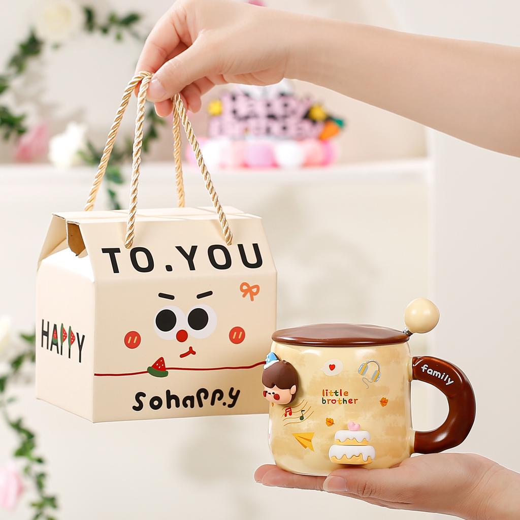 A Family of Four Cups Magnetic DIY Ceramic Mug Women's Breakfast Cup with Lid Large Capacity Gift Box