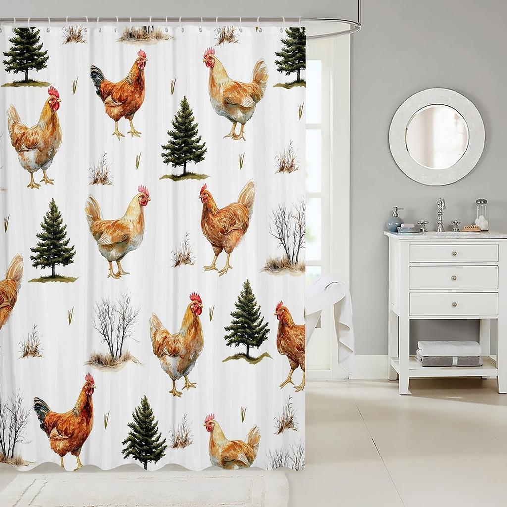 Erosebridal Cartoon Rooster Bathroom Shower Curtain Sets,Rustic Wildlife Farmhouse Animal Shower Curtain,Vintage Pet Chicken Sho